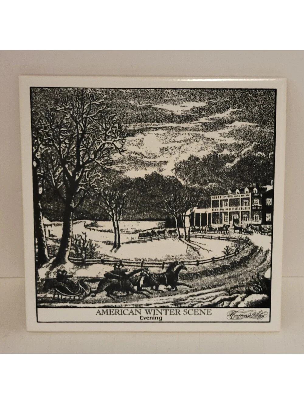 Vintage Currier and Ives American Winter Scene Ceramic Tile Trivet - 6x6